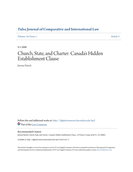 Church, State, and Charter: Canada's Hidden Establishment Clause Jeremy Patrick