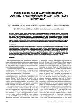 Peste 100 De Ani De Aviaţie În România. Contribuţii Ale Românilor În Aviaţie În Trecut Şi În Prezent