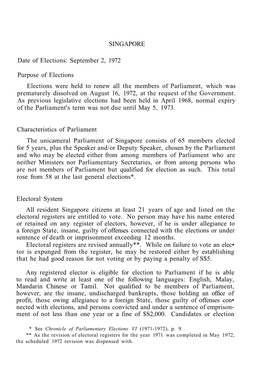 SINGAPORE Date of Elections: September 2, 1972 Purpose Of