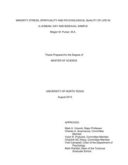 Minority Stress, Spirituality and Psychological Quality of Life in a Lesbian, Gay and Bisexual Sample