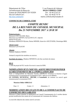 COMPTE RENDU DE LA REUNION DU CONSEIL MUNICIPAL Du 23 NOVEMBRE 2017 a 20 H 30