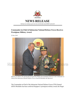 Commander-In-Chief of Indonesian National Defence Forces Receives Prestigious Military Award