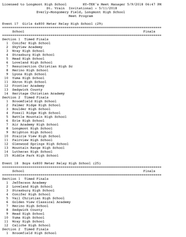 Licensed to Longmont High School HY-TEK's Meet Manager 5/9/2018 06:47 PM St. Vrain Invitational - 5/11/2018 Everly-Mongomery Field, Longmont High School Meet Program