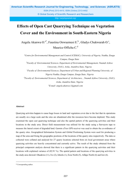 Effects of Open Cast Quarrying Technique on Vegetation Cover and the Environment in South-Eastern Nigeria