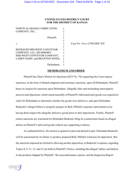 UNITED STATES DISTRICT COURT for the DISTRICT of KANSAS NORTH ALABAMA FABRICATING ) COMPANY, INC., ) ) Plaintiff, ) ) V. ) Case