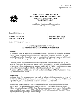 Order 2020-9-23 September 24, 2020 UNITED STATES of AMERICA DEPARTMENT of TRANSPORTATION OFFICE of the SECRETARY WASHINGTON