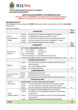 STATE BRANCH USE ONLY Sub-Branches Have to NOMINATE to Be Entered Into the Following Competitions