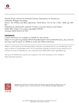 Thomas Tryon and the Seventeenth-Century Dimensions of Antislavery Author(S): Philippe Rosenberg Source: the William and Mary Quarterly, Third Series, Vol