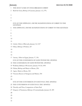 January PRINTED 11/15/2020 1 the HOLY NAME of OUR LORD JESUS CHRIST 2 Basil the Great, Bishop of Caesarea, January 1/2, 379;