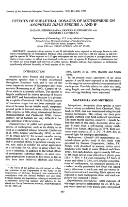 Effects of Sublethal Dosages of Methoprene on Anopheles Dirus Species a and 81