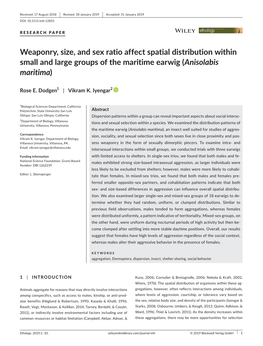 Weaponry, Size, and Sex Ratio Affect Spatial Distribution Within Small and Large Groups of the Maritime Earwig (Anisolabis Maritima)