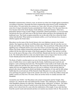 The Evolution of Hanukkah Rev. Roger Fritts Unitarian Universalist Church of Sarasota Dec 9, 2012 I. Hanukkah Commemorates A