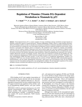 Regulation of Thiamine (Vitamin B1)-Dependent Metabolism in Mammals by P53