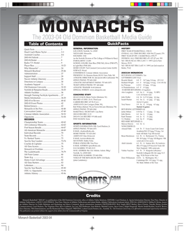 MONARCHS the 2003-04 Old Dominion Basketball Media Guide Table of Contents Quickfacts