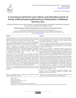 A Screening of Anti-Breast Cancer Effects and Antioxidant Activity of Twenty Medicinal Plants Gathered from Chaharmahal Va Bakht