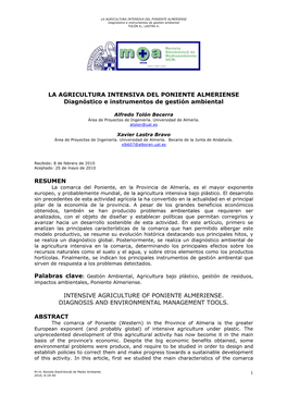 LA AGRICULTURA INTENSIVA DEL PONIENTE ALMERIENSE Diagnóstico E Instrumentos De Gestión Ambiental TOLÓN A., LASTRA X
