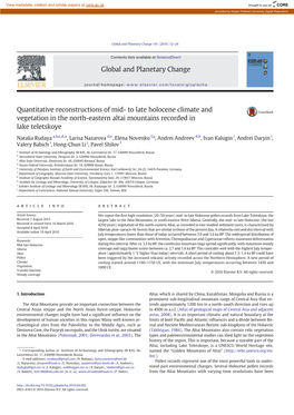 To Late Holocene Climate and Vegetation in the North-Eastern Altai Mountains Recorded in Lake Teletskoye