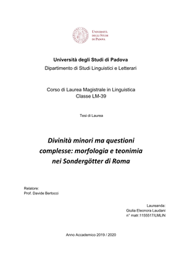 Divinità Minori Ma Questioni Complesse: Morfologia E Teonimia Nei Sondergötter Di Roma