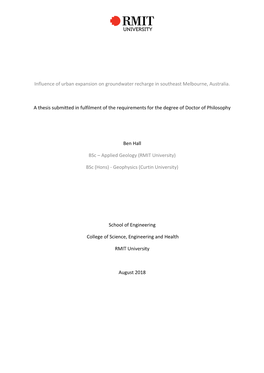 Influence of Urban Expansion on Groundwater Recharge in Southeast Melbourne, Australia