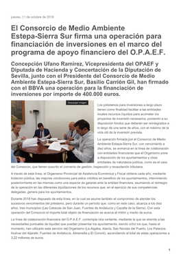 El Consorcio De Medio Ambiente Estepa-Sierra Sur Firma Una Operación Para Financiación De Inversiones En El Marco Del Programa De Apoyo Financiero Del O.P.A.E.F