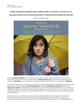 May 5, 2016 for Immediate Release APARNA NANCHERLA