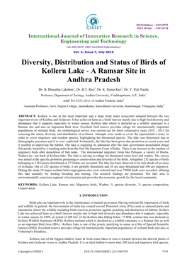 Diversity, Distribution and Status of Birds of Kolleru Lake - a Ramsar Site in Andhra Pradesh