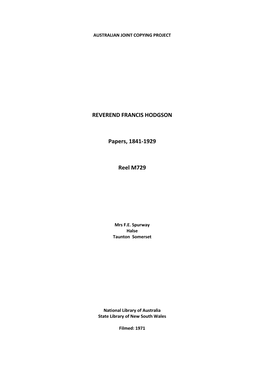 REVEREND FRANCIS HODGSON Papers, 1841-1929 Reel M729