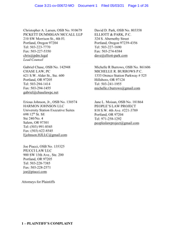 1 – PLAINTIFF's COMPLAINT Christopher A. Larsen, OSB No. 910679 PICKETT DUMMIGAN MCCALL LLP 210 SW Morrison St., 4Th Fl. Po