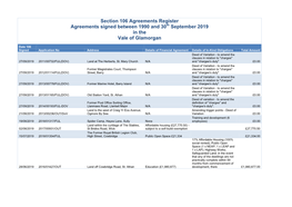 Section 106 Agreements Register Agreements Signed Between 1990 and 30Th September 2019 in the Vale of Glamorgan