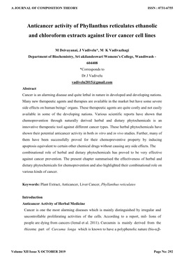 Anticancer Activity of Phyllanthus Reticulates Ethanolic and Chloroform Extracts Against Liver Cancer Cell Lines