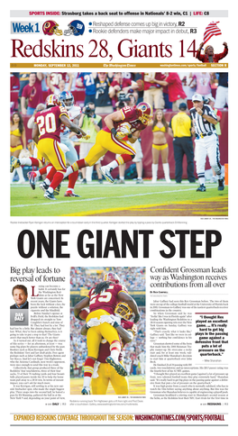 Week 1 ●Rookie Defenders Make Major Impact in Debut, R3 Redskins 28, Giants 14 ଁଁ MONDAY, SEPTEMBER 12, 2011 Washingtontimes.Com/Sports/Football SECTION R