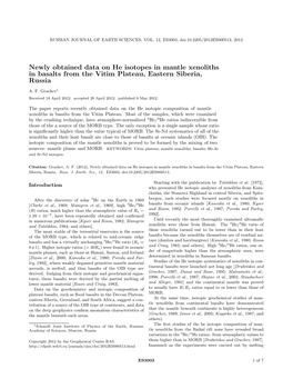 Newly Obtained Data on He Isotopes in Mantle Xenoliths in Basalts from the Vitim Plateau, Eastern Siberia, Russia