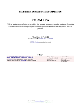 BAUPOST LTD PARTNERSHIP 1983 A-1 Form D/A Filed 2017-02-21