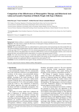 Comparison of the Effectiveness of Metacognitive Therapy and Behavioral Acti- Vation on Executive Functions of Elderly People with Type 2 Diabetes