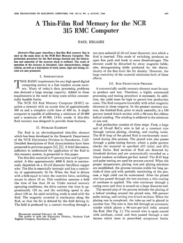 A Thin-Film Rod Memory for the NCR 315 RMC Computer