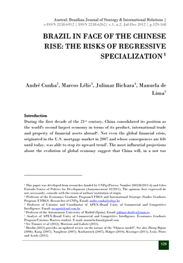 Brazil in Face of the Chinese Rise: the Risks of Regressive Specialization 1