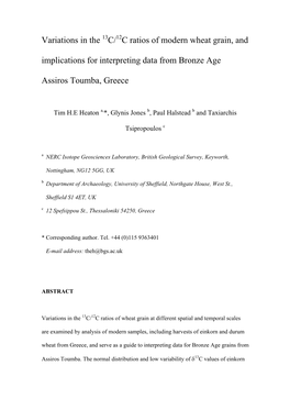 Variations in the 13C/12C Ratios of Modern Wheat Grain, and Implications for Interpreting Data from Bronze Age