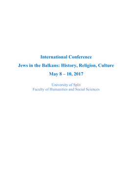 International Conference Jews in the Balkans: History, Religion, Culture May 8 – 10, 2017