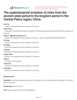 The Spatiotemporal Evolution of Cities from the Ancient State Period to the Kingdom Period in the Central Plains Region, China