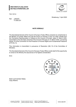 Strasbourg, 1 April 2020 Ref.: JJ9020C Tr./005-231 NOTE VERBALE the Secretariat General of the Council of Europe (Treaty Office