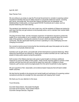 Letter to Premier Ford Reopening of Outdoor