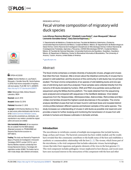 Fecal Virome Composition of Migratory Wild Duck Species