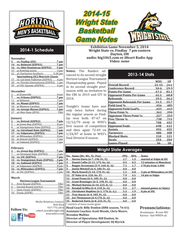 2014-15 Wright State Basketball Game Notes Exhibition Game November 5, 2014 2014-1 Schedule Wright State Vs