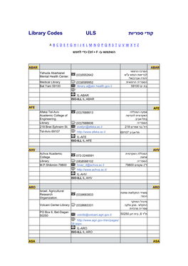 קודי ספריות Library Codes ULS