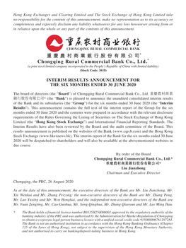 Chongqing Rural Commercial Bank Co., Ltd.* (A Joint Stock Limited Company Incorporated in the People’S Republic of China with Limited Liability) (Stock Code: 3618)