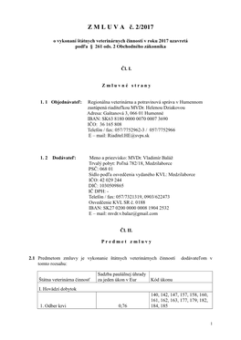 Zmluva Č. 2/2017 O Vykonaní Štátnych Veterinárnych Činností V Roku 2017