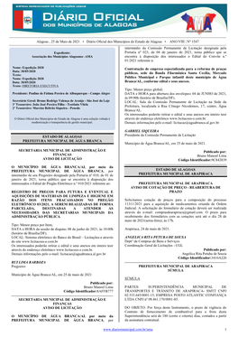 Alagoas , 25 De Maio De 2021 • Diário Oficial Dos Municípios Do Estado De Alagoas • ANO VIII | Nº 1547