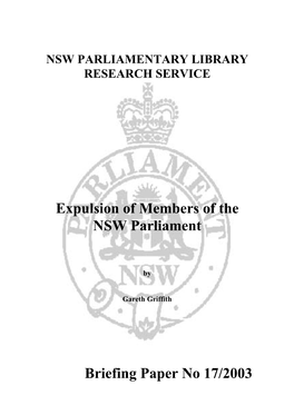 Expulsion of Members of the NSW Parliament Briefing Paper No 17