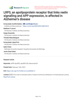 LRP3, an Apolipoprotein Receptor That Links Reelin Signalling and APP Expression, Is Affected in Alzheimer's Disease