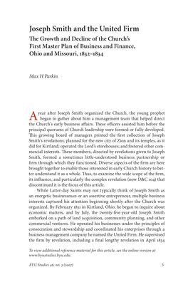 Joseph Smith and the United Firm the Growth and Decline of the Church’S First Master Plan of Business and Finance, Ohio and Missouri, 1832–1834